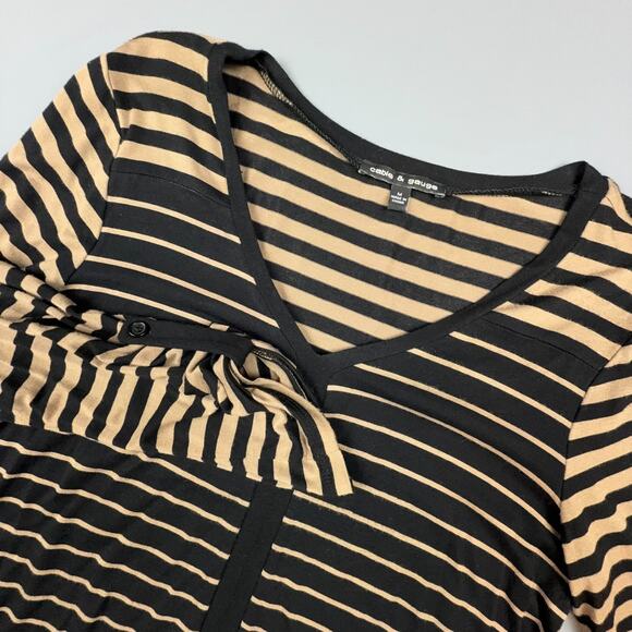 Cable & Gauge Striped V Neck Ruched Sleeve Top M Black Tan - Picture 1 of 6